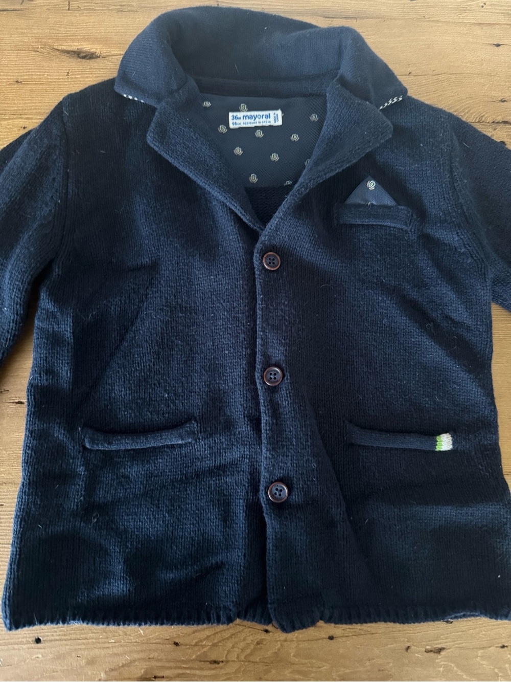 Mayoral Navy Knit Cardigan Blazer with White Elbow Patches and Green Trim - Picture 9 of 12